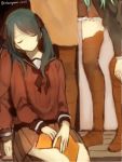  4girls black_hair book brown_legwear green_hair kantai_collection kumano_(kantai_collection) long_hair mikuma_(kantai_collection) mogami_(kantai_collection) multiple_girls school_uniform serafuku sitting sketch sleeping standing suzuya_(kantai_collection) thigh-highs twintails twitter_username vivi-t_(akagami) 