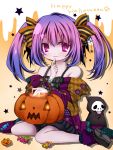  1girl detached_sleeves hair_ribbon halloween happy_halloween koyoi_(ruka) looking_at_viewer original purple_hair ribbon sitting solo twintails violet_eyes 