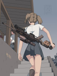  1boy 1girl ankle_socks bag brown_hair etmc1992 from_behind highres holding long_hair original panties pleated_skirt school_bag school_uniform shirt skirt socks striped_clothes striped_panties twintails underwear weapon white_shirt 