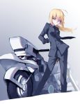  1girl ahoge blonde_hair erolcy fate/stay_night fate_(series) formal gloves green_eyes highres long_hair motor_vehicle motorcycle necktie pant_suit ponytail reverse_trap saber solo suit vehicle 
