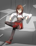  1girl bike_shorts blush brown_eyes brown_hair crossed_legs debris fate/stay_night fate_(series) flat_chest headband headgear highres kantai_collection kinosuke_(sositeimanoga) looking_at_viewer one_eye_closed open_mouth parody pleated_skirt short_hair sitting skirt smile solo taihou_(kantai_collection) thigh-highs 