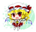  1girl :d adapted_costume alternate_costume ascot blonde_hair chibi commentary_request fang flandre_scarlet hat looking_at_viewer mob_cap noai_nioshi open_mouth red_eyes side_ponytail smile solo thigh-highs touhou translation_request wings wrist_cuffs zettai_ryouiki 