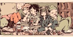  4boys animification beanie blonde_hair book can cola crowded eric_cartman fat food fur_hat hat highres jacket kenny_mccormick kyle_broflovski motion_lines multiple_boys nintendo_switch nomi_mushi obese orange_jacket pajamas parka sepia socks south_park stan_marsh terrance_&amp;_philip ushanka 