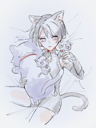  1boy animal animal_ear_fluff animal_ears animalization armor black_leotard cat cat_boy cat_ears character_pillow covered_collarbone eyeliner eyeshadow fang fingernails genshin_impact gnsn_tera gold_ring highres holding holding_animal holding_cat japanese_armor kote kurokote leotard looking_to_the_side lying makeup male_focus mandarin_collar middle_ring on_back open_mouth person_and_animalization purple_hair red_eyeliner red_eyeshadow scaramouche_(cat)_(genshin_impact) scaramouche_(genshin_impact) sideways_glance sketch solo stuffed_animal stuffed_toy twitter_username violet_eyes wanderer_(genshin_impact) 