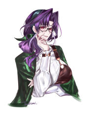  1girl absurdres apron black-framed_eyewear breasts chinese_commentary commentary cropped_torso curtained_hair dress_shirt earrings frilled_cuffs garofano_(path_to_nowhere) green_hairband green_shawl hair_intakes hairband hand_on_own_face highres jewelry large_breasts looking_at_viewer mole mole_under_mouth parted_lips path_to_nowhere purple_hair red_eyes shawl shirt signature simple_background smile solo striped_clothes striped_shirt teardrop-framed_glasses tsubomi_qq upper_body vertical-striped_clothes vertical-striped_shirt white_background white_shirt 