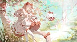  1girl :d absurdres arknights arm_up bow chinese_commentary commentary_request crown cup dated day dress fang_qing feet_out_of_frame frilled_bow frills gloves goldenglow_(arknights) goldenglow_(party_in_the_garden)_(arknights) hair_bow hair_ornament heart heart_hair_ornament hello_kitty hello_kitty_(character) highres holding long_hair looking_at_viewer official_alternate_costume open_mouth outdoors pink_hair pink_tail plaid_bow plant red_bow sanrio short_sleeves smile solo star_(symbol) tail tail_bow tail_ornament teacup thigh-highs white_dress white_gloves white_thighhighs yellow_eyes 