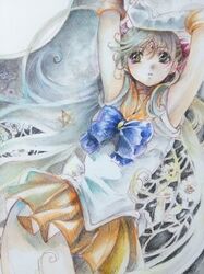  1girl abstract_background aino_minako armpits blonde_hair bow crossed_legs flower graphite_(medium) green_eyes hair_bow highres long_hair lying nijinohouseki sailor_venus sketch solo star tiara traditional_media watercolor_(medium) 