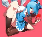  1girl ahoge blue_dress blue_eyes blue_hair bow cirno commentary dress hair_bow hair_over_one_eye heart highres ice ice_wings looking_at_viewer pink_background puffy_short_sleeves puffy_sleeves shirt short_sleeves sofa_(enogunomu) solo spread_legs squatting touhou wings 