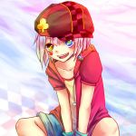  1boy :d gradient_hair green_eyes hat heterochromia hoodie multicolored_hair no_game_no_life open_mouth short_hair shorts smile symbol-shaped_pupils tet_(no_game_no_life) yellow_eyes 
