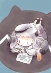  1girl admiral_(kantai_collection) admiral_(kantai_collection)_(cosplay) alternate_costume chibi cosplay drawing hat hinata_yuu horns kantai_collection long_hair lying mittens northern_ocean_hime on_stomach pale_skin peaked_cap red_eyes shinkaisei-kan silver_hair solo 