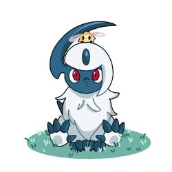  :&lt; absol animal_focus claws closed_mouth cutiefly fluffy full_body highres horns insect_wings looking_at_viewer mane neck_fur no_humans nose_poke000 on_grass pokemon pokemon_(creature) red_eyes simple_background single_horn sitting white_background white_fur wings 