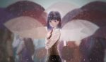  1girl blurry chichisellie depth_of_field fate/stay_night fate_(series) hair_ribbon highres long_hair matou_sakura purple_hair rain ribbon school_uniform solo tears umbrellas violet_eyes 