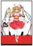  1girl akiposo2580 ascot blonde_hair flandre_scarlet grin highres holding laevatein looking_at_viewer no_shoes orange_eyes slit_pupils smile solo touhou wings 