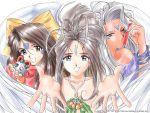  1997 3girls :d aa_megami-sama bare_shoulders belldandy blue_eyes bracelet brown_hair collarbone dark_skin dated facial_mark forehead_mark grey_eyes happy jewelry long_hair multiple_girls one_eye_closed open_mouth ponytail ribbon ring skuld smile taka_tony tanaka_takayuki test_tube urd wallpaper watermark web_address white_hair 