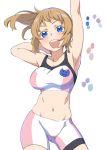  1girl bike_shorts blue_eyes brown_hair gundam gundam_build_fighters gundam_build_fighters_try hoshino_fumina midriff navel pine ponytail solo sports_bra 