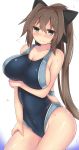  1girl bare_shoulders blush borrowed_character bow breasts brown_eyes brown_hair competition_swimsuit hair_bow highres kutan large_breasts long_hair looking_at_viewer one-piece_swimsuit ponytail sideboob simple_background solo swimsuit thighs very_long_hair white_background 