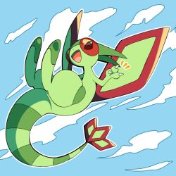  :d animal_focus blue_background claws clouds cloudy_sky dragon fangs flygon flying full_body green_wings highres looking_at_viewer no_humans nose_poke000 open_mouth outdoors pokemon pokemon_(creature) red_eyes simple_background sky smile solo wings 