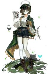  1girl absurdres black_shorts black_vest boots brown_boots brown_hair bug butterfly cabbie_hat cape full_body grass green_cape green_eyes green_hat hair_between_eyes hand_up hat hat_feather highres holding holding_notebook holding_quill long_sleeves looking_at_viewer notebook open_clothes open_vest pantyhose quill recoleta_(reverse:1999) reverse:1999 shirt short_hair short_shorts shorts side_cape smile solo standing vest weiyan_(nbnbmwnl) white_background white_pantyhose white_shirt 