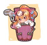  1girl blush bow chaki_(teasets) gradient_hair hair_bow headpiece long_hair long_sleeves looking_at_viewer multicolored_hair multiple_girls ole_tower orange_hair outline pliers ponytail purple_hair red_eyes sleeves_past_wrists smile solo very_long_hair water_pump_pliers_(ole_tower) 