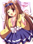  1girl ;d animal_ears blush brown_hair character_request copyright_request dated fox_ears happy_birthday long_hair looking_at_viewer one_eye_closed open_mouth pleated_skirt red_eyes skirt smile solo uguisu_mochi_(ykss35) 