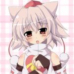  1girl animal_ears bare_shoulders blush detached_sleeves fang fingerless_gloves gift gloves hat heart inubashiri_momiji looking_at_viewer masiromu open_mouth pom_pom_(clothes) red_eyes short_hair silver_hair solo tokin_hat touhou wolf_ears 