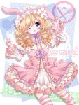  1girl ;d animal_ears blonde_hair blue_eyes drill_hair fake_animal_ears frills hairband koyoi_(ruka) lolita_fashion lolita_hairband looking_at_viewer my_melody one_eye_closed onegai_my_melody open_mouth personification rabbit_ears smile solo striped striped_legwear thigh-highs 