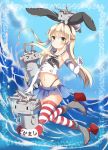 1girl bare_shoulders black_panties blonde_hair elbow_gloves emilion flat_chest gloves hairband highleg highleg_panties kantai_collection long_hair looking_at_viewer midriff miniskirt navel neckerchief panties payot pleated_skirt rensouhou-chan sailor_collar shimakaze_(kantai_collection) shoes skirt striped striped_legwear thigh-highs underwear white_gloves 