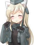  1girl animal_ears black_gloves blonde_hair cat_day cat_ears closed_eyes gloves highres jacket juliet_sleeves kantai_collection kemonomimi_mode long_hair long_sleeves military military_uniform open_clothes open_jacket paw_pose puffy_sleeves sad_fuka smile solo u-511_(kantai_collection) uniform very_long_hair 