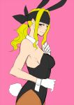  1girl alex_(street_fighter) bare_shoulders blush breasts bunny_girl bunny_tail bunnysuit detached_collar frogcage genderswap gloves headband long_hair low_ponytail midnight_bliss pantyhose payot solo street_fighter street_fighter_iii tail white_gloves wrist_cuffs 