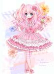  1girl blue_eyes checkered checkered_legwear frills hair_ornament highres holding ice_cream_cone koyoi_(ruka) lolita_fashion long_hair looking_at_viewer mary_janes open_mouth original pink_hair shoes solo twintails wrist_cuffs 