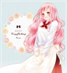  1girl apron borrowed_character kira_(pichica) long_hair looking_at_viewer open_mouth original pink_hair red_eyes smile solo 