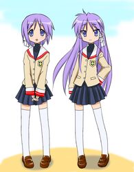  2girls blue_eyes blush clannad company_connection cosplay fujibayashi_kyou fujibayashi_kyou_(cosplay) furukawa_nagisa furukawa_nagisa_(cosplay) hiiragi_kagami hiiragi_tsukasa long_hair lucky_star multiple_girls nakahara_mai open_mouth purple_hair school_uniform seiyuu_connection short_hair siblings sisters smile 