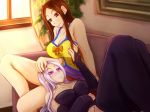  2girls breasts brown_eyes brown_hair cleavage large_breasts league_of_legends leona_(league_of_legends) multiple_girls swimsuit syndra tagme tsugumi_(artist) violet_eyes white_hair 