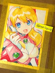  1girl alia_(mega_man) blue_eyes breasts headset highres large_breasts long_hair mega_man_(series) mega_man_x_(series) photo_(medium) shikishi solo twitter_username upper_body yamanashi_taiki 