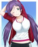  1girl akanerun aqua_eyes breasts hair_ornament hairclip large_breasts long_hair love_live!_school_idol_project purple_hair smile solo toujou_nozomi twintails winking 