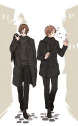  2boys ahoge axis_powers_hetalia black-framed_eyewear black_coat black_jacket black_pants black_scarf black_shoes black_socks black_sweater blush brothers brown_hair building buttons cigarette closed_mouth coat commentary_request flag full_body hair_between_eyes hand_in_pocket hand_up hands_up heart heart_ahoge highres holding holding_removed_eyewear holding_scarf holding_unworn_clothes jacket lapels long_sleeves looking_at_another looking_to_the_side male_focus multiple_boys nbsr northern_italy_(hetalia) one_eye_closed open_clothes open_coat pants round_eyewear scarf shoes short_hair siblings smoke smoking socks southern_italy_(hetalia) standing sunglasses sweater turtleneck turtleneck_sweater twins unworn_eyewear white_background yellow_eyes 