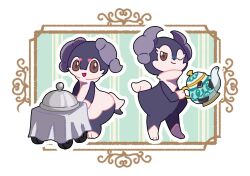  1boy 1girl :d animal_hands blue_fur brown_eyes full_body furry furry_female furry_male goat_girl highres holding holding_teapot horns indeedee indeedee_(female) indeedee_(male) looking_at_viewer nose_poke000 one_eye_closed pokemon pokemon_(creature) purple_horns simple_background smile standing teapot white_background white_fur 