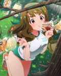  1girl bread bread_eating_race bread_in_mouth brown_eyes brown_hair buruma food food_in_mouth gym_uniform hairband idolmaster idolmaster_million_live! long_hair melon_bread miyao_miya mouth_hold official_art shoes sneakers solo 