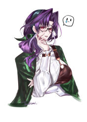  1girl absurdres apron black-framed_eyewear breasts chinese_commentary commentary cropped_torso curtained_hair dress_shirt earrings frilled_cuffs frown garofano_(path_to_nowhere) green_hairband green_shawl hair_intakes hairband hand_on_own_face highres jewelry large_breasts looking_at_viewer mole mole_under_mouth open_mouth path_to_nowhere purple_hair red_eyes shawl shirt signature simple_background solo speech_bubble spoken_expression striped_clothes striped_shirt teardrop-framed_glasses teeth tsubomi_qq upper_body upper_teeth_only vertical-striped_clothes vertical-striped_shirt white_background white_shirt 