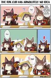 ! 1boy 3girls ? akagi-chan_(azur_lane) amagi-chan_(azur_lane) animal_ears azur_lane comic commander_(azur_lane) english_text fox_ears fox_tail hard_translated kaga_(kantai_collection) kantai_collection long_hair medium_hair multiple_girls multiple_tails speech_bubble taisa_(kari)