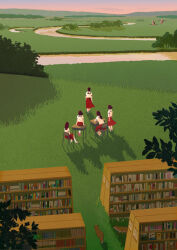  5girls animal bird bookshelf brown_hair commentary_request dakou_suru_suki desk fox goose grass horizon izumitaki_arata landscape multiple_girls outdoors red_skirt scenery school_desk school_uniform shadow shirt sitting skirt standing tree white_shirt wide_shot 