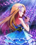  1girl audience bare_shoulders bracelet brown_hair character_name closed_eyes dress flower_hair_ornament glowstick hair_ornament idolmaster idolmaster_million_live! jewelry microphone minase_iori official_art singing 