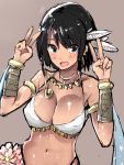  battery_aida_ni_misu_ga_deta bikini_top black_eyes black_hair bracelet breasts cleavage double_v feathers jewelry marnie_(sennen_sensou_aigis) midriff navel necklace open_mouth sennen_sensou_aigis short_hair v 