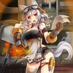  1girl animal_ears arm_strap blush breasts cleavage fang fox_ears fox_tail gloves goggles goggles_on_head juke looking_at_viewer orange_eyes original short_hair solo tail thigh_strap white_hair wrench 