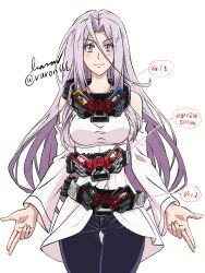 1girl :3 bare_shoulders baron_(varon666) belt belt_buckle black_pants blush breasts buckle cowboy_shot double_driver fuuto_tantei gaia_memory highres kamen_rider kamen_rider_w large_breasts pants purple_hair rider_belt shirt simple_background solo tokime_(fuuto_tantei) translation_request violet_eyes white_background white_shirt