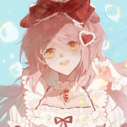  1girl :d arknights bow chinese_commentary commentary_request fang_qing frilled_bow frills gloves goldenglow_(arknights) goldenglow_(party_in_the_garden)_(arknights) hair_between_eyes hair_bow hair_ornament hand_up heart heart_hair_ornament highres long_hair looking_at_viewer official_alternate_costume open_mouth pink_hair red_bow smile solo sparkle upper_body water water_drop white_gloves yellow_eyes 