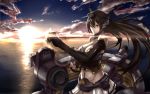  &gt;:/ 1girl breasts brown_hair cleavage clenched_hands elbow_gloves fighting_stance fingerless_gloves gloves headgear horizon kantai_collection long_hair machinery nagato_(kantai_collection) navel ocean pleated_skirt red_eyes skirt sky solo sunrise torn_clothes tsuuhan 
