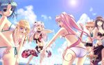  2010 6+girls adjusting_clothes adjusting_swimsuit agarest_senki_(series) agarest_senki_zero alice_(agarest_senki_zero) animal_ears aqua_hair arm_grab ball beachball bikini blonde_hair blue_eyes braid brown_eyes brown_hair cat_ears cat_tail company_name copyright_name friedelinde_(agarest_senki_zero) happy highres hirano_katsuyuki long_hair mimel_(agarest_senki_zero) multiple_girls ocean official_art pink_hair routier_(agarest_senki_zero) sarong sayane_(agarest_senki_zero) short_hair shorts sky smile splashing swimsuit tail tetra_(agarest_senki_zero) twintails white_hair 