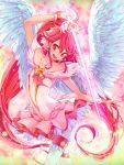  1girl :d aino_megumi angel_wings bare_shoulders brooch collarbone cure_lovely happinesscharge_precure! jewelry long_hair magical_girl motoki_(hisano_motoki) open_mouth pantyhose pink_eyes pink_hair ponytail precure rapier smile solo super_happiness_lovely sword weapon white_legwear white_wings wings 