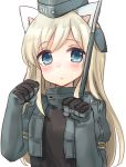  1girl animal_ears black_gloves blonde_hair blue_eyes cat_day cat_ears gloves highres jacket juliet_sleeves kantai_collection kemonomimi_mode long_hair long_sleeves looking_at_viewer military military_uniform open_clothes open_jacket paw_pose puffy_sleeves sad_fuka solo u-511_(kantai_collection) uniform very_long_hair 